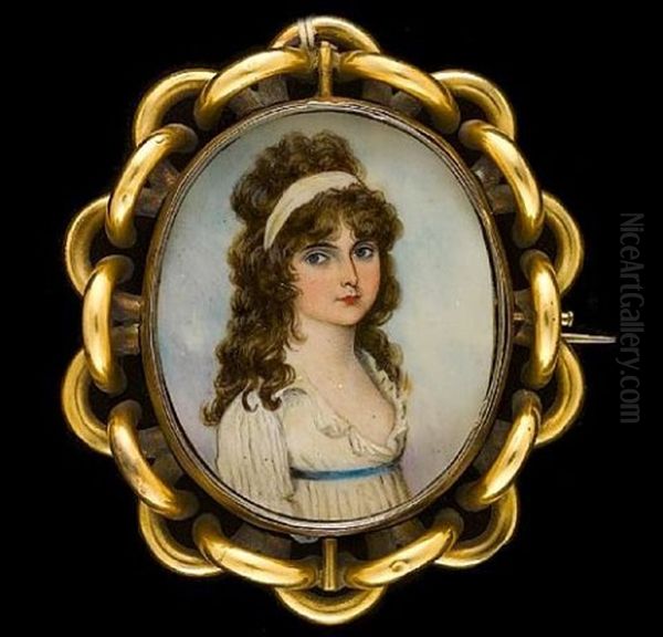 A Lady, Wearing White Dress With Blue Sash, Her Curling Brown Hair Worn Long And Dressed With A Bandeau Oil Painting by Frederick Buck