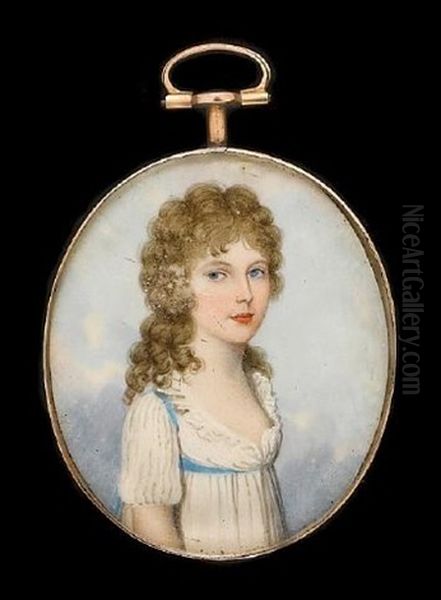 A Lady, Wearing White Dress With Blue Sash, Her Curling Brown Hair Worn Long Oil Painting by Frederick Buck