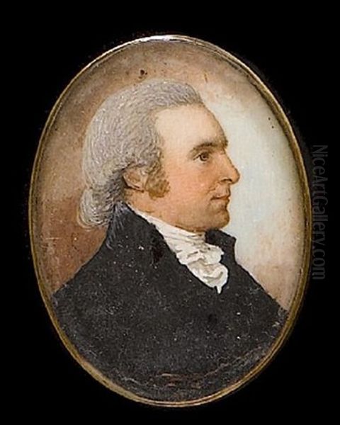 A Gentleman, Profile To The Right, Wearing Black Coat With Frilled White Cravat, His Hair Powdered Oil Painting by Frederick Buck