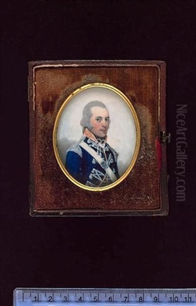 An Officer Of The 14th Light Dragoons, Wearing Blue Underjacket With Similar Sleeved Shell Jacket, Orange Facings, White Metal Shoulder Scales, His White Shoulder Belt With Beaded Oval Shoulder Belt P Oil Painting by Frederick Buck