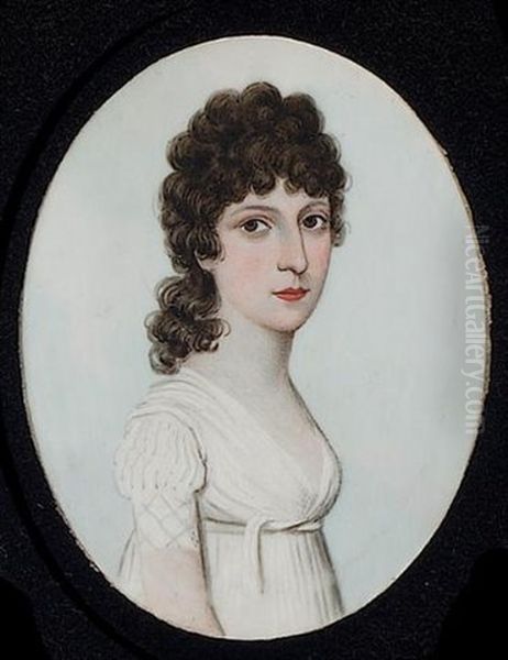 A Lady Wearing White Dress With Ribbon Waistband Oil Painting by Frederick Buck