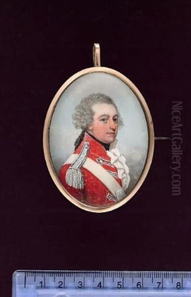 An Officer Wearing Scarlet Coatee With Scarlet Facings, Silver Lace Epaulettes And  Bastion Pattern Panels, White Leather Shoulder Belt With Oval Silver Plate Oil Painting by Frederick Buck