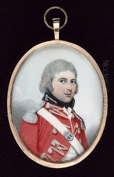 An Officer, Wearing The Uniform Of The 22nd Foot, Scarlet Coat With Silver Lace And Epaulettes, His Shoulder Belt Plate Stamped 22 Oil Painting by Frederick Buck