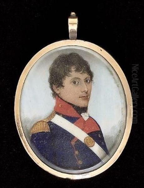 An Officer (of Volunteers?) Wearing Dark Blue Coat Faced Red With Turned Back Lapels And Gold Epaulettes, His Oval Belt Plate Engraved With A Star Centred By Royal Monogram Qr Oil Painting by Frederick Buck