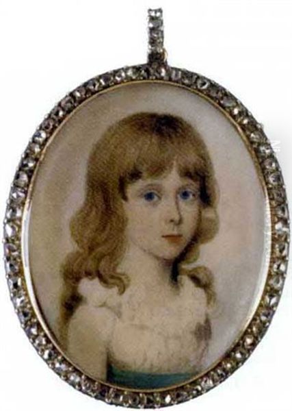 A Young Girl, In A White Dress With A Frilled Collar And A Blue Sash, Long Fair Hair And Blue Eyes Oil Painting by Frederick Buck