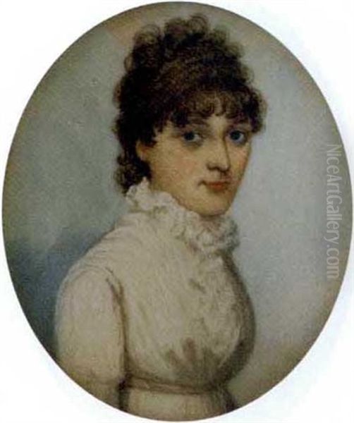 A Young Lady, In A White Dress With High Frilled Collar, Thin White Sash And Upswept Curling Hair Oil Painting by Frederick Buck