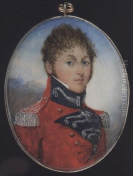 A Young Field Officer (an Inspector Of Militia Or Yeomanry?), His Scarlet Coat With Turned Back Dark Blue Lapels And Collar Patches, With Tasselled Silver Braids And Silver Epaulettes With Red Stripes Oil Painting by Frederick Buck