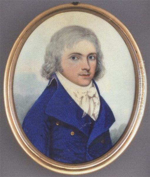 A Young Gentleman In A Blue Coat With Gold Buttons, White Waistcoat And Tied Cravat, Powdered Hair Oil Painting by Frederick Buck