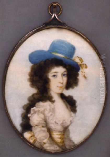 A Young Lady In Ruffle Bordered White Silk Dress, Yellow Sash, Blue Hat With Yellow Ribbon In Her Long Curling Brown Hair Oil Painting by Frederick Buck