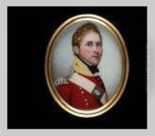 A Young Officer, Of A Regiment Of Yorkshire Militia (?), Wearing Scarlet Coat With Yellow Facings, Silver Epaulette And Silver Belt-plate Bearing A Crowned Rose Oil Painting by Frederick Buck