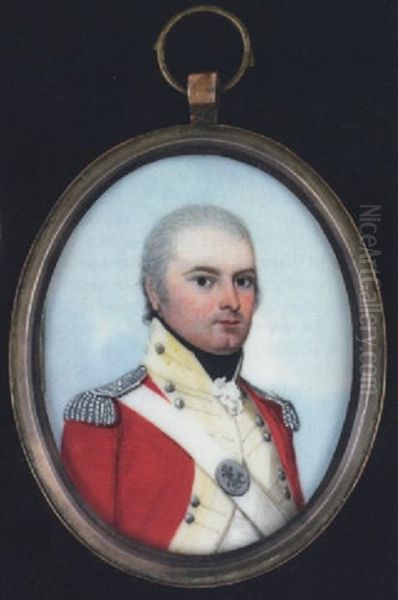 A Militia Officer (welsh?), Wearing Red Uniform With Yellow Facings, Silver Epaulettes, White Sword Belt With Cross Plate, Black Stock And Frilled White Cravat by Frederick Buck