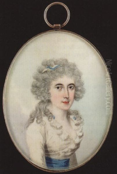 A Lady Wearing Blue And White Striped Bandeau In Her Hair And Decollete White Dress With Frilled Collar And Blue Waistband Oil Painting by Frederick Buck