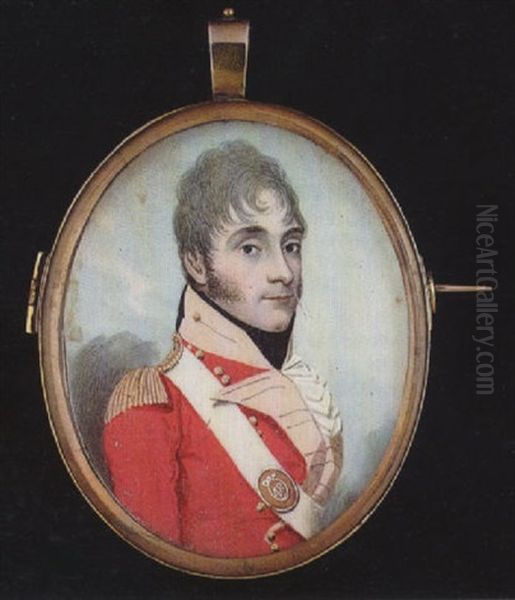 A Young Officer Wearing The Uniform Of The 48th Regiment Of Foot, Scarlet Coat, Gold Epaulette, White Sword Belt, Black Stock And Frilled White Cravat Oil Painting by Frederick Buck