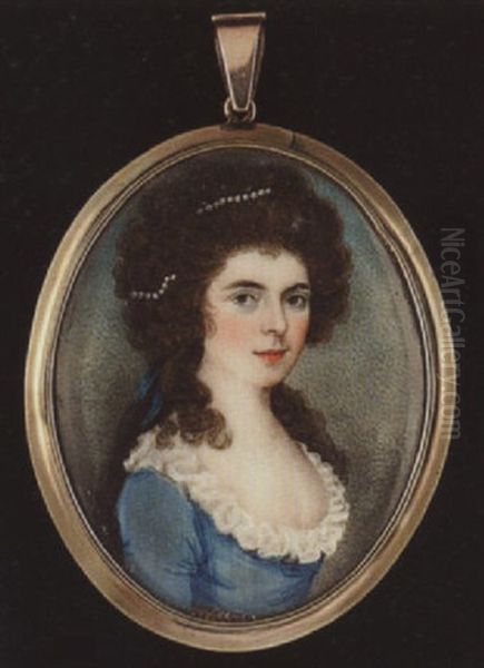 The Hon. Anne, Lady Russell, Wearing Strand Of Pearls And Blue Ribbon In Her Hair And Decollete Blue Dress With Frilled White Collar Oil Painting by Frederick Buck