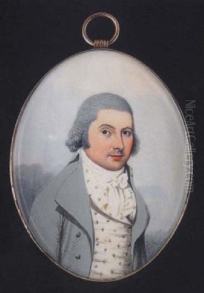 A Gentleman With Powdered Hair, Wearing Pale Green Coat, White Waistcoat With Floral Motif And Tied White Stock Oil Painting by Frederick Buck