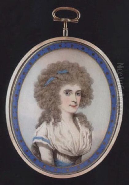 A Lady With Blue Ribbon Bandeau In Her Powdered Wig, Wearing White Dress, Capped Sleeve Trimmed With Blue Ribbon And Matching Waistband Oil Painting by Frederick Buck