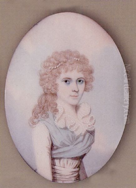 Portrait Of A Lady, With Strand Of Pearls In Her Powdered Hair, Wearing White Dress With Blue Fichu And White Collar Oil Painting by Frederick Buck