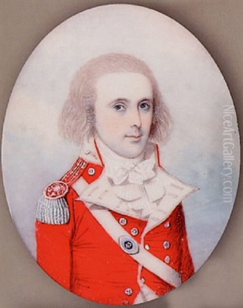 An Officer Of The 43rd Foot With Loose Powdered Hair, Wearing Red Uniform, Sword Belt And Silver Epaulette Oil Painting by Frederick Buck