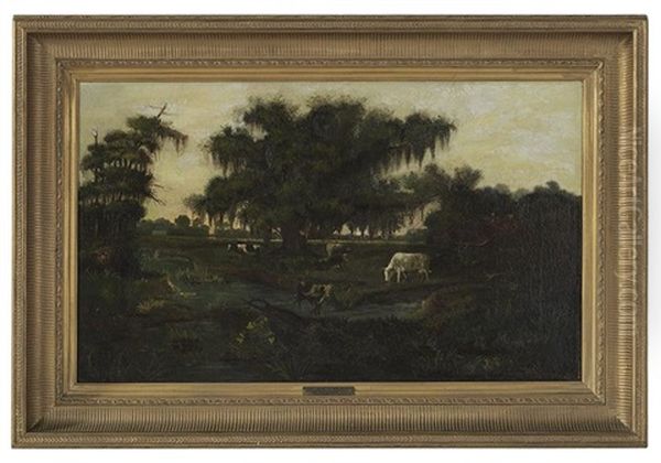 Louisiana Bayou Settlement With Cattle, Probably Bayou Teche, Oaklawn Plantation, Now Oaklawn Manor, Franklin, Louisiana Oil Painting by William Henry Buck