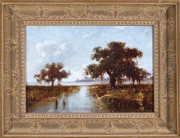 Louisiana Bayou With Live Oak Trees And Egret Oil Painting by William Henry Buck