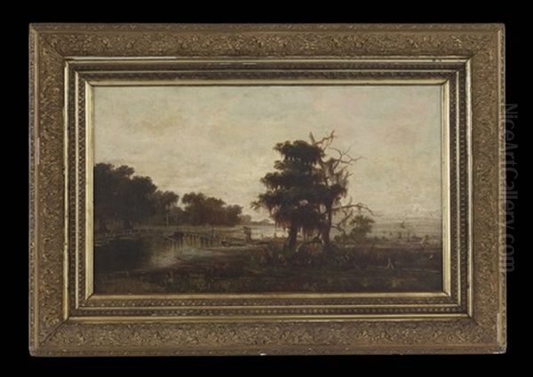 Bayou Scene: Probably The Footbridge At Indian Bayou In The Atchafalaya River Basin Oil Painting by William Henry Buck