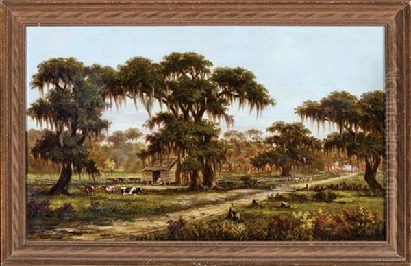 Cattle Grazing Beside A Cabin Among Live Oak Trees Oil Painting by William Henry Buck