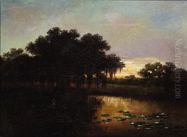 Louisiana Bayou: Live Oaks And Water Lilies At Dusk Oil Painting by William Henry Buck