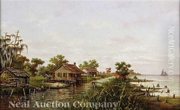 Three Cabins Along Shoreline Oil Painting by William Henry Buck