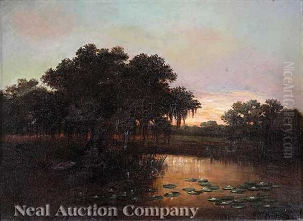 Louisiana Bayou: Live Oaks And Water Lilies At Dusk Oil Painting by William Henry Buck