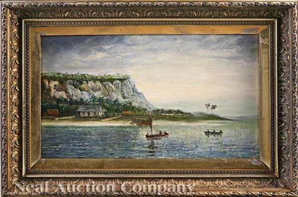 A View In The Caribbean With A Rocky Cliff, 'french' House, And Palm Trees Oil Painting by William Henry Buck