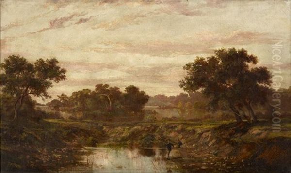 Two Men At A Fishing Hole Along The Tchefuncte River Oil Painting by William Henry Buck