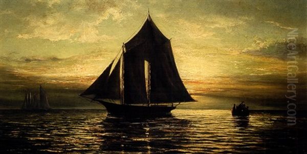 A Schooner At Sunset On Lake Pontchartrain Oil Painting by William Henry Buck