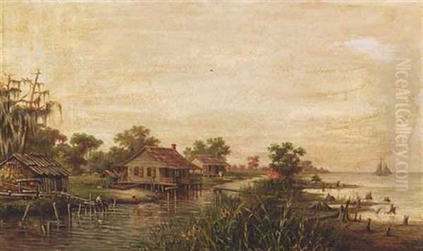 Three Cabins Along Shoreline Oil Painting by William Henry Buck