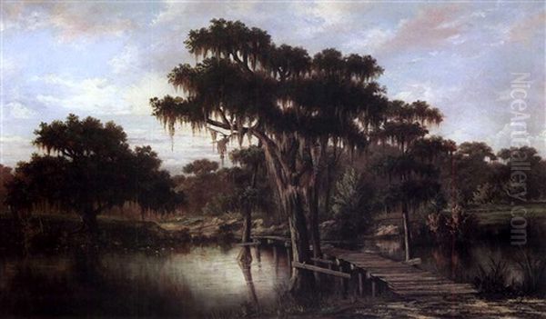 The Wooden Bridge - Louisiana Bayou Landscape Oil Painting by William Henry Buck