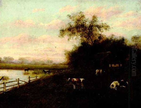 Cattle And A River With A Farmhouse Oil Painting by William Henry Buck