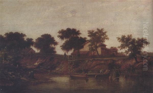 Black Men Fishing Along The Bayou Oil Painting by William Henry Buck