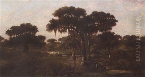 Wooden Pier Louisiana Bayou Oil Painting by William Henry Buck