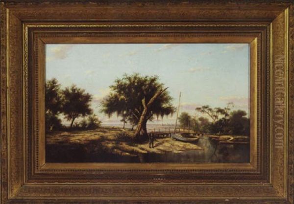 Fisherman And Footbridge At Bayou Indian Near New Orleans, Lake Pontchartrain And The Piers Of Spanish Fort Resort In Distance Oil Painting by William Henry Buck