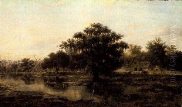 Louisiana Bayou Farm (bayou Teche?) With Majestic Oak Tree, Fisherman In Rowboat, Fenced Cabins And Out-buildings, And Cattle Oil Painting by William Henry Buck