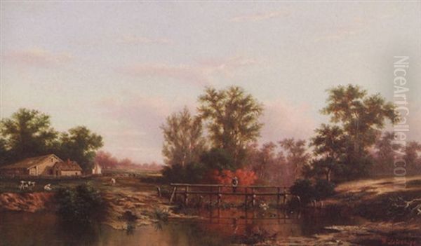 Louisiana Farm Landscape With Man Fishing From Bridge Oil Painting by William Henry Buck