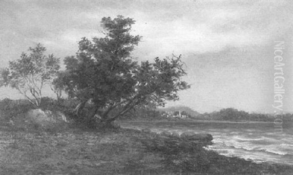 Lakeshore With Village In The Distance Oil Painting by William Henry Buck