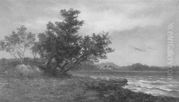 Lakeshore With Village In The Distance Oil Painting by William Henry Buck