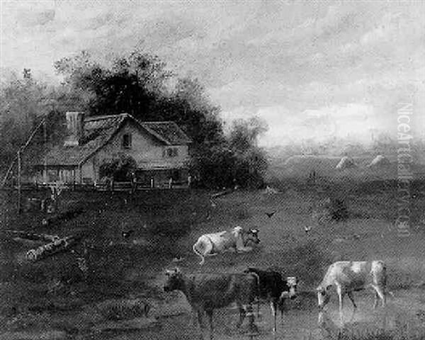 Louisiana Landscape With Watering Cattle Oil Painting by William Henry Buck