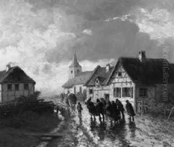 Kirchgang Im Regen Oil Painting by Peter Bucken