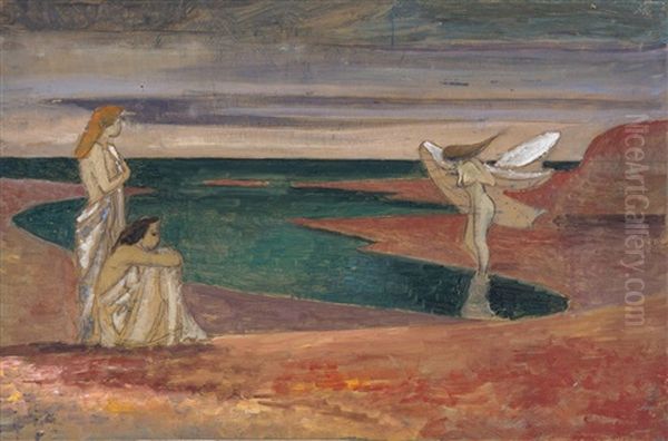 Girls Bathing On Parbay Beach Oil Painting by John Buckland-Wright