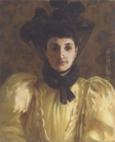 Portrait Of A Lady In A Yellow Dress And Black Bonnet Oil Painting by John Bucknell