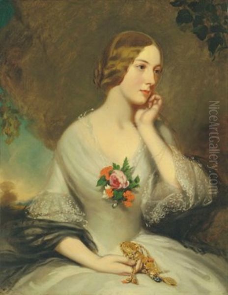 Portrait Of Elizabeth Baring, Nee Sturt (1827-1867), Wife Of Thomas George Baring, 1st Earl Of Northbrook, Half-length, In A Landscape Oil Painting by Richard Buckner