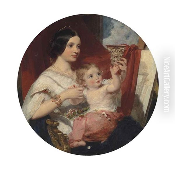 Portrait Of A Mother And Child, Seated Half-length And Full-length, The Child Holding A Small Corinthian Capital Before An Architectural Capriccio On An Easel, In A Painted Circle Oil Painting by Richard Buckner