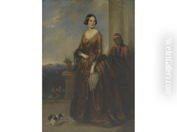 A Full Length Portrait Of Miss Frances Blagrave, Later Mrs Charles Digby In A Mediterranean Landscape With Her Maid Servant And Spaniel Oil Painting by Richard Buckner