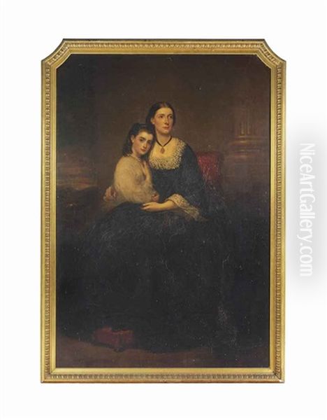 Portrait Of Emily, 1st Vicountess Hambleden, And Her Daughter, Full-length, Seated On A Red Chair Oil Painting by Richard Buckner